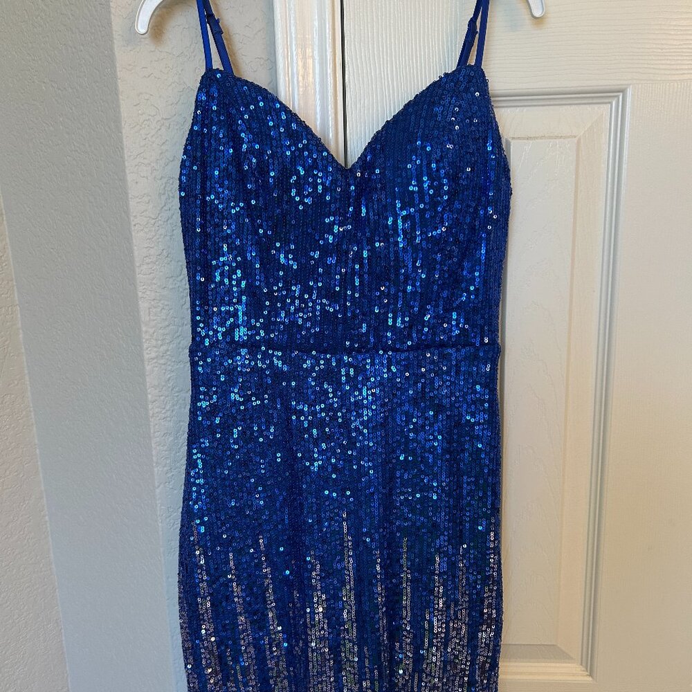 Pear Culture Ombre Sequin Spaghetti Strap Mini Dress - Blue and Silver - 7/8